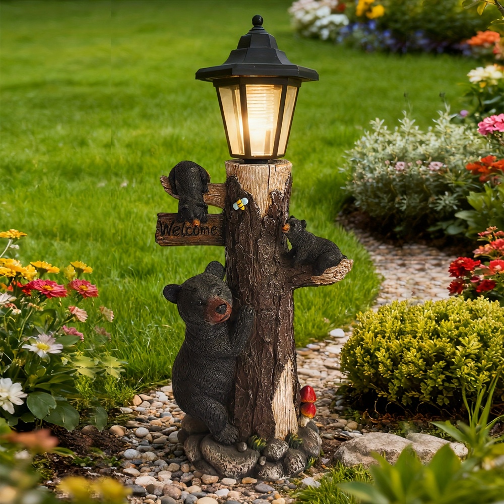 Outdoor Lighting On Trees - Zwarte beer standbeeld welkomsbord tuinbeeld met
